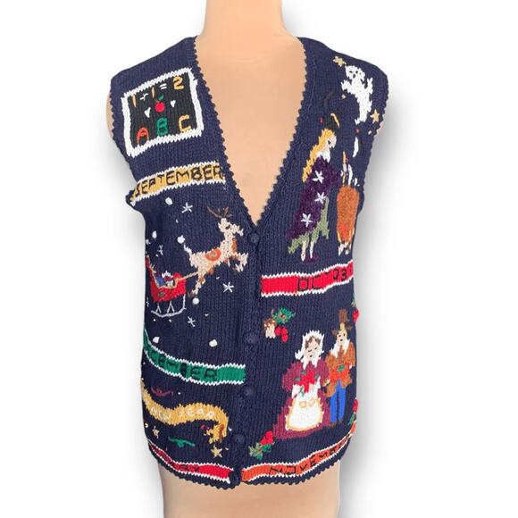 Vintage 90s Erika Hand Knit Navy Blue Holiday Sweater Vest Embroidered Festive - Picture 2 of 10